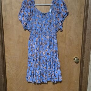 Angie Blue Dress with Floral Brown Accents